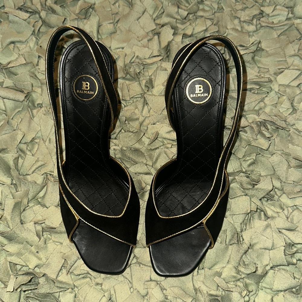 Balmain Gold and Black open toed heels